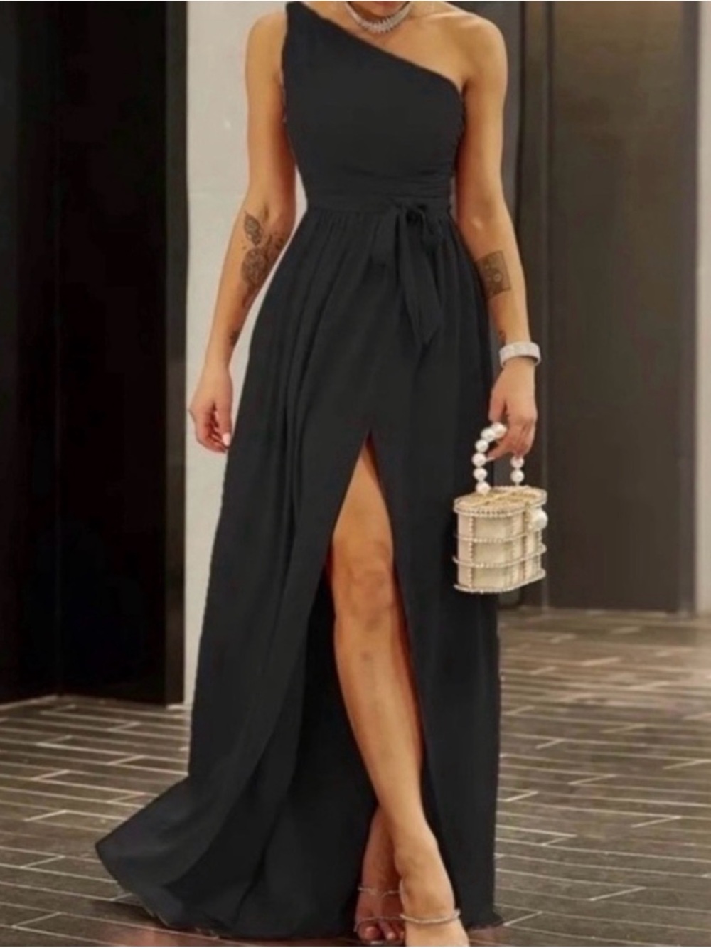 One-Shoulder Black Evening Gown with Side Slit and Waist Tie
